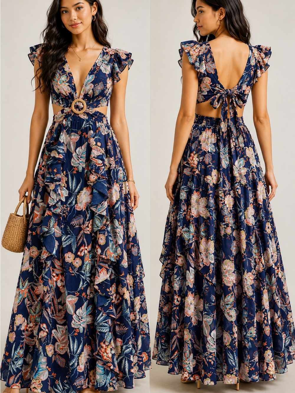 Aakaa Navy Blue Floral Ruffle Cutout Maxi Dress Size Small NWT